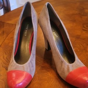 Nine West Red Gray Cap Toe Genuine Leather Suede Heels Shoes 8.5